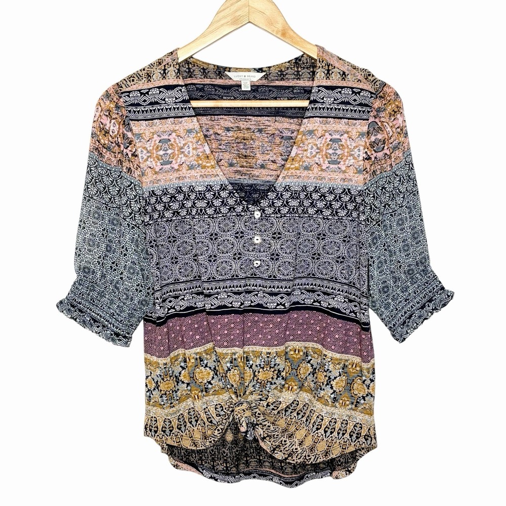 Lucky Brand Boho Knit Top Womens Small Floral Geometric Festival Short Sleeve